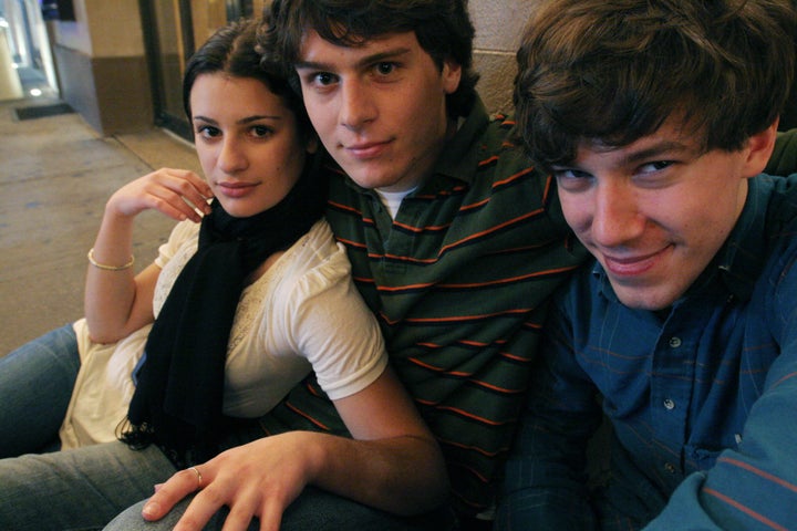 Michele, Groff and Gallagher pose from the left for a photo in front of the Eugene O'Neill Theater in New York City, December 1, 2006.