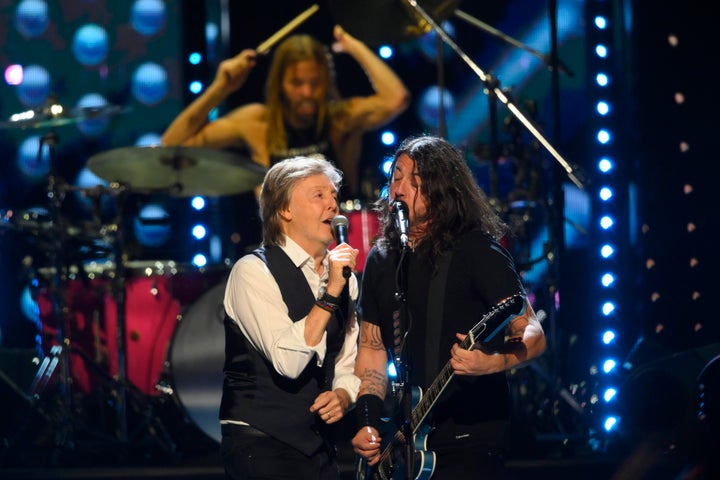 Paul McCartney and Dave Grohl perform during the Rock & Roll Hall of Fame induction ceremony 