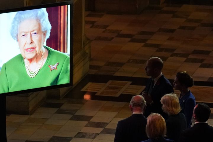 <strong>The Prince of Wales (left) and the Duchess of Cornwall (centre) with the Duke and Duchess of Cambridge watching as the Queen makes a video message to attendees of an evening reception of the Cop26 summit in Glasgow.</strong>