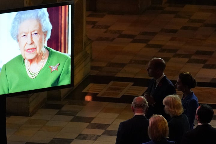 The Prince of Wales (left) and the Duchess of Cornwall (centre) with the Duke and Duchess of Cambridge watching as the Queen makes a video message to attendees of an evening reception of the Cop26 summit in Glasgow.