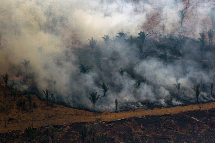 Aerial view showing smoke billowing from a patch of forest being cleared with fire in the surroundings of Boca do Acre, a city in Amazonas State, in the Amazon basin in northwestern Brazil, on Aug. 24, 2019.