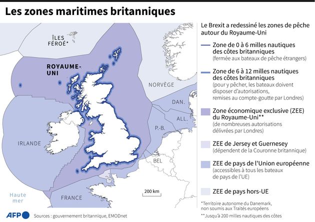 Carte des zones économiques exclusives du Royaume-Uni, de Jersey, Guernesey et des pays voisins, et des zones de pêche autour du Royaume-Uni