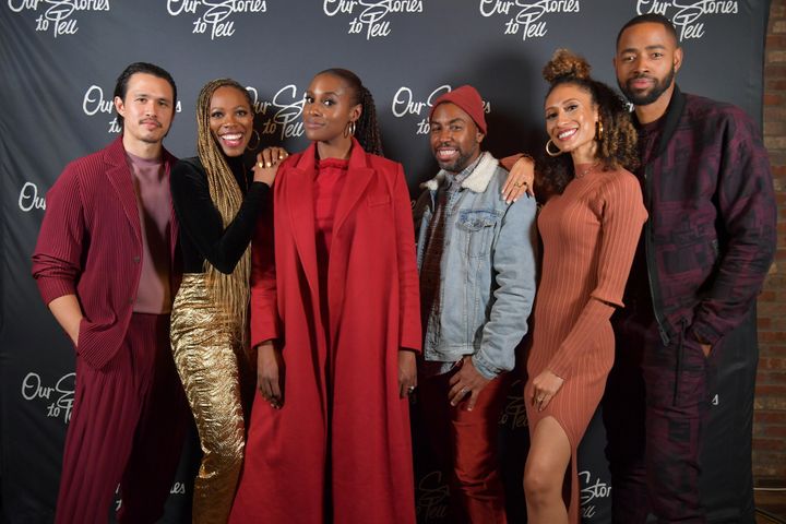 Alexander Hodge, far left, is seen with castmates Yvonne Orji and Issa Rae, showrunner Prentice Penny, journalist & television host Elaine Welteroth and cast member Jay Ellis at the Lowkey "Insecure" Dinner.