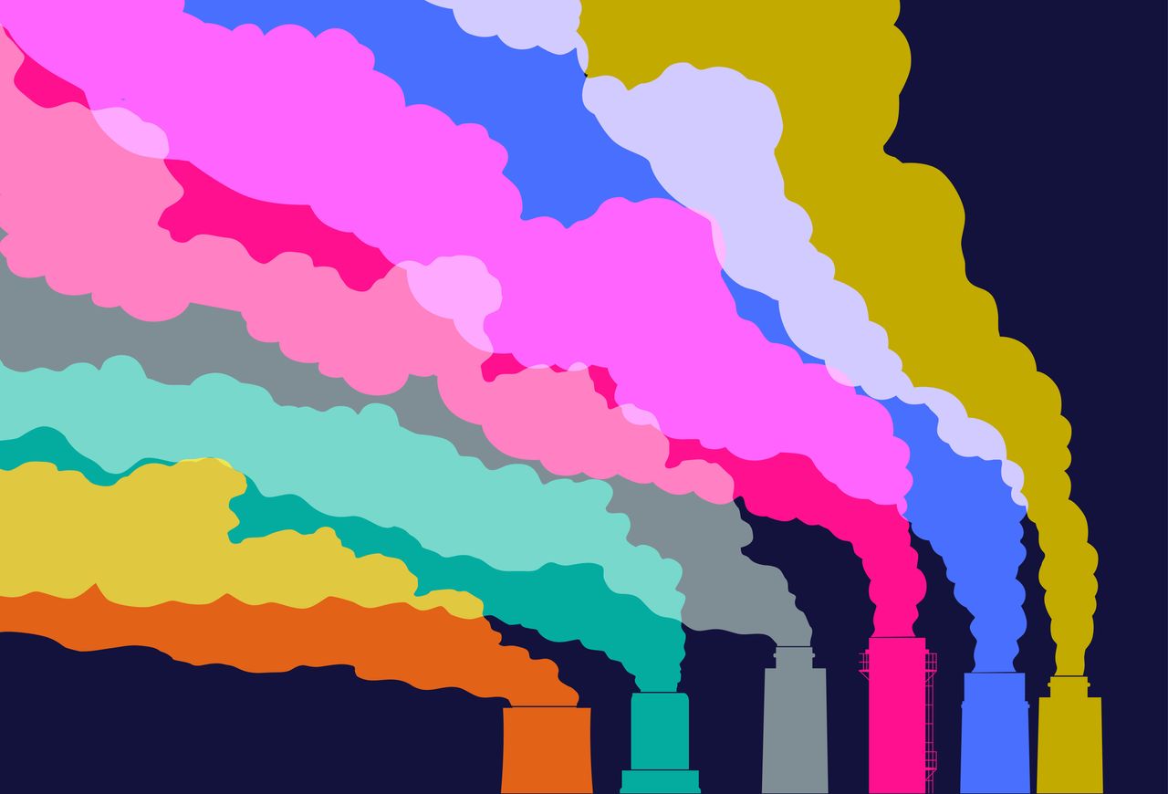 Colourful overlayed silhouettes of Industrial Chimneys. environment, ecology, global business, pollution, environment Conservation, Conservation, clean air, green earth, consumerism, waste, Factory, oil refinery,