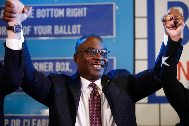 Buffalo, New York, Mayor Byron Brown celebrates with supporters on Tuesday night. He characterized Democratic nominee India Walton as unqualified and extreme.