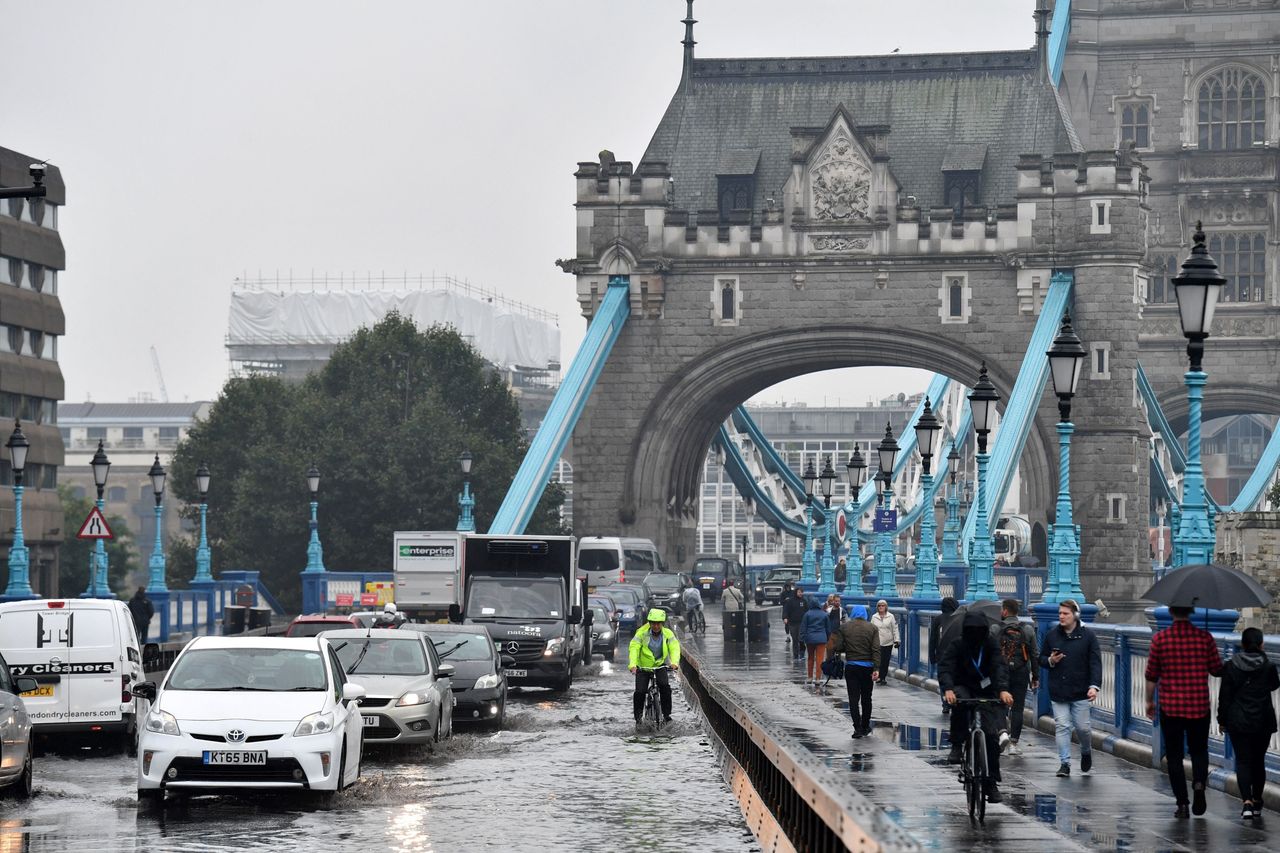 A flooded Tower Bridge in London after heavy rainfall in September 2021.