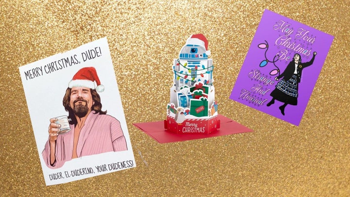 Left to right: a "Merry Christmas Dude" card, a "Star Wars" pop-up card and a "Beetlejuice" holiday card.