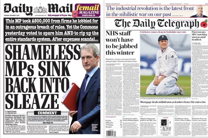 The Daily Mail's front page takes aim at 'sleaze' in parliament while The Daily Telegraph barely mentions it
