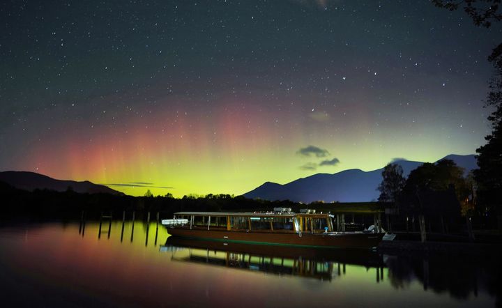 The Northern Lights seen over Derwentwater, near Keswick in the Lake District