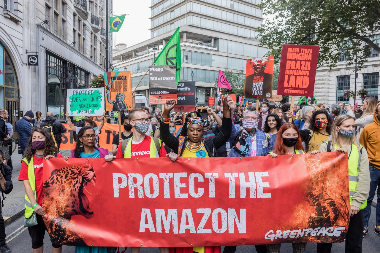 Manifestantes XR haciendo campaña para proteger el Amazonas.