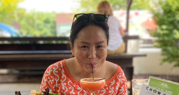 The author wearing her orange shirt during the weekend of the stakeout that never happened.