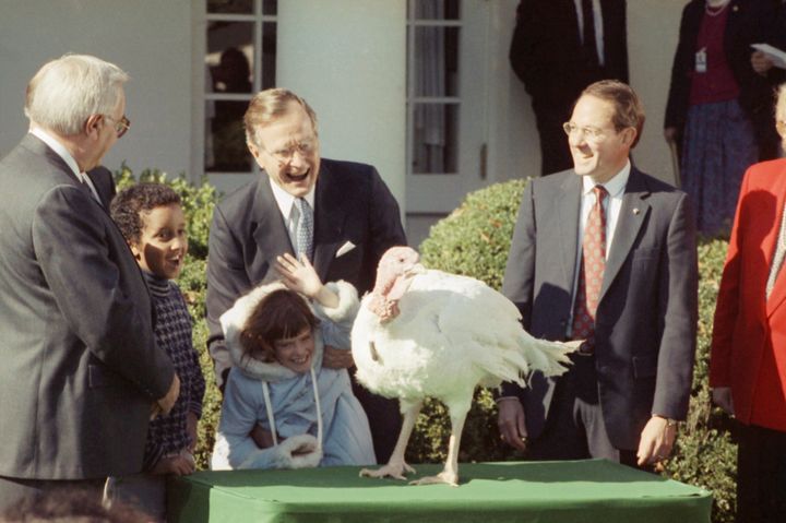 President George H.W. Bush and Shannon Duffy, 8, of Fairfax, Virginia, with a turkey at the National Thanksgiving Turkey Presentation. This turkey ultimately went to Frying Pan Park in Virginia.