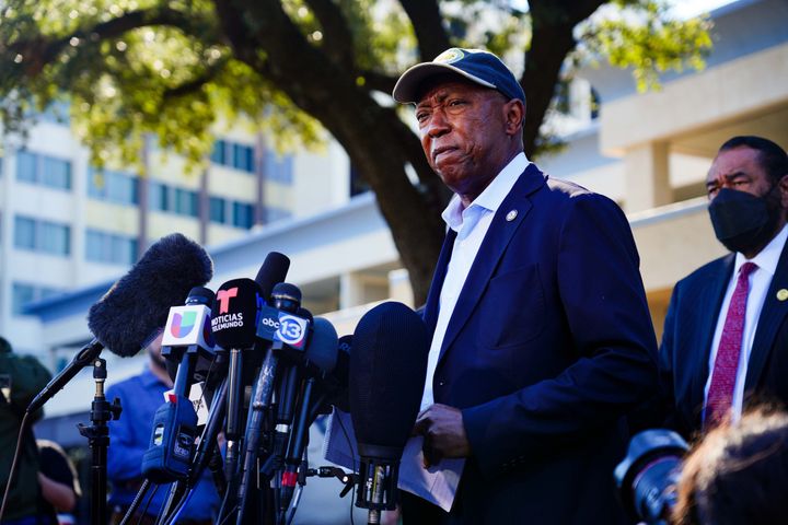 Mayor Sylvester Turner speaks at the press conference addressing the cancellation of the Astroworld festival at the Wyndham Hotel family reunification center on November 6, 2021 in Houston, Texas. (Photo by Alex Bierens de Haan/Getty Images)