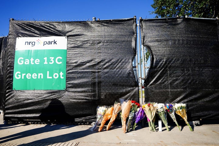 Flowers are seen outside of the canceled Astroworld festival at NRG Park on November 6, 2021 in Houston, Texas. (Photo by Alex Bierens de Haan/Getty Images)