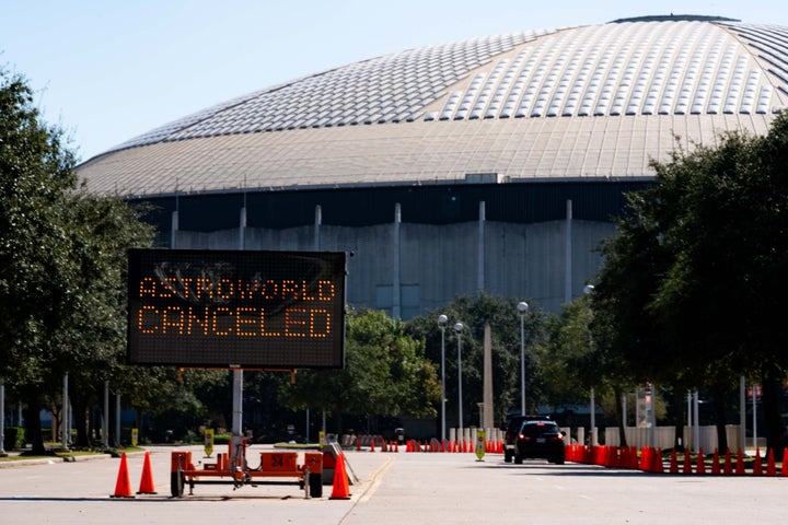 A street sign showing the cancellation of the AstroWorld Festival at NRG Park on November 6, 2021 in Houston, Texas. (Photo by Alex Bierens de Haan/Getty Images)