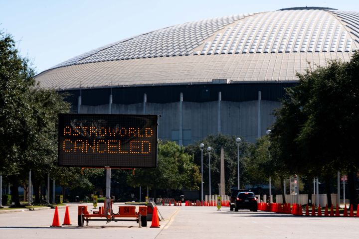 A street sign showing the cancellation of the AstroWorld Festival at NRG Park on November 6, 2021 in Houston, Texas. (Photo by Alex Bierens de Haan/Getty Images)