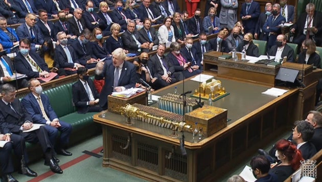 Prime Minister Boris Johnson speaks during Prime Minister's Questions in the House of Commons, London....