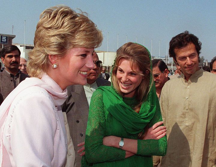 Diana, the Princess of Wales, is welcomed to Lahore, Pakistan, by Imran (right) and Jemima Khan (center) in April 1996.