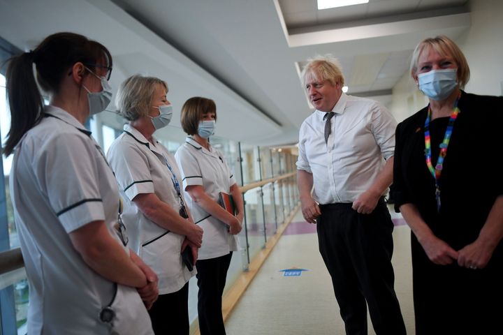 Boris Johnson meets with medical staff during a visit to Hexham General Hospital in Hexham.