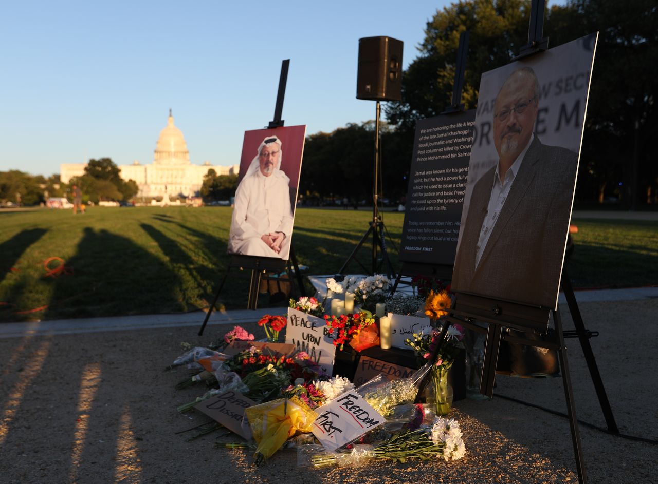 People commemorate the third anniversary of the death of Saudi journalist Jamal Khashoggi in Washington, D.C., on Oct. 2, 2021. 
