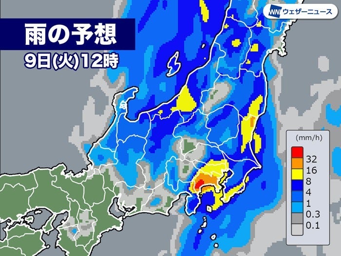 雨の予想 9日(火)12時