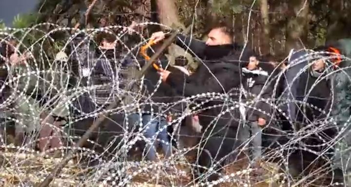 ベラルーシとポーランドの国境を越えようとする移民たちが、カッターで有刺鉄線を切る様子
