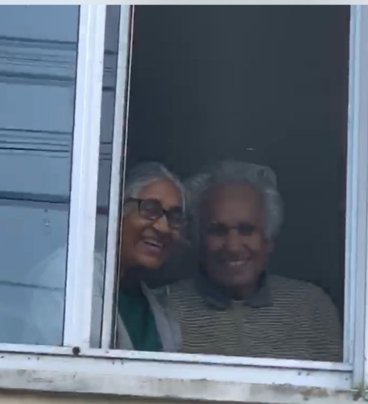 The author's parents during a distanced visit.