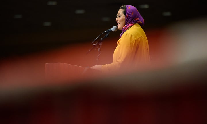 Durham County Commissioner Nida Allam addresses supporters of then-presidential candidate Sen. Bernie Sanders (I-Vt.) on Feb. 14, 2020, in Durham, North Carolina. 