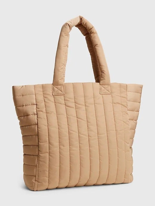 Cream Leather-Look Quilted Puffer Tote Bag