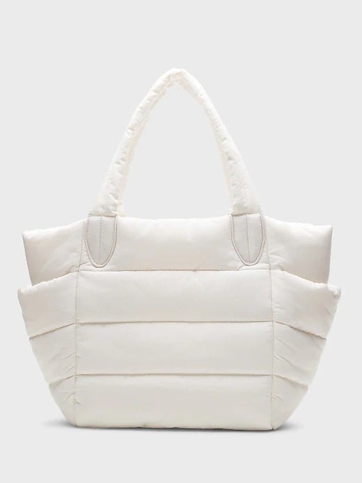 Cream Leather-Look Quilted Puffer Tote Bag