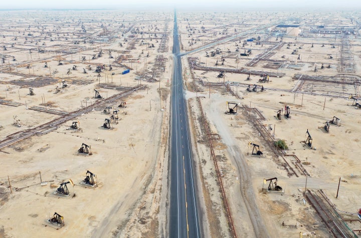 Oil pumpjacks operate in the Belridge oil field near McKittrick, California.