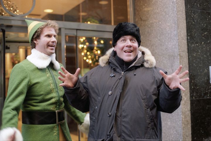 Jon Favreau (R) with Will Ferrell on the set of Elf
