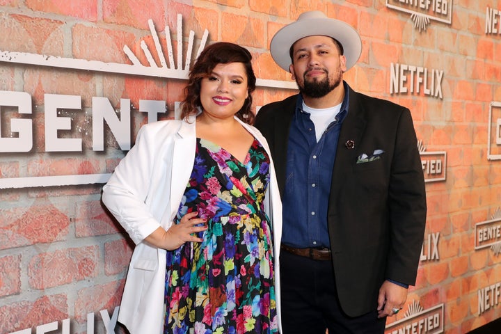 Linda Yvette Chavez and Marvin Bryan Lemus attend the premiere of Netflix's "Gentefied" Season 1 at Margo Albert Theatre on Feb. 20, 2020, in Los Angeles.