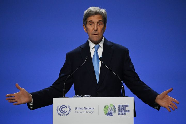 U.S. special climate envoy John Kerry speaks at the U.N. climate summit in Glasgow, Scotland.