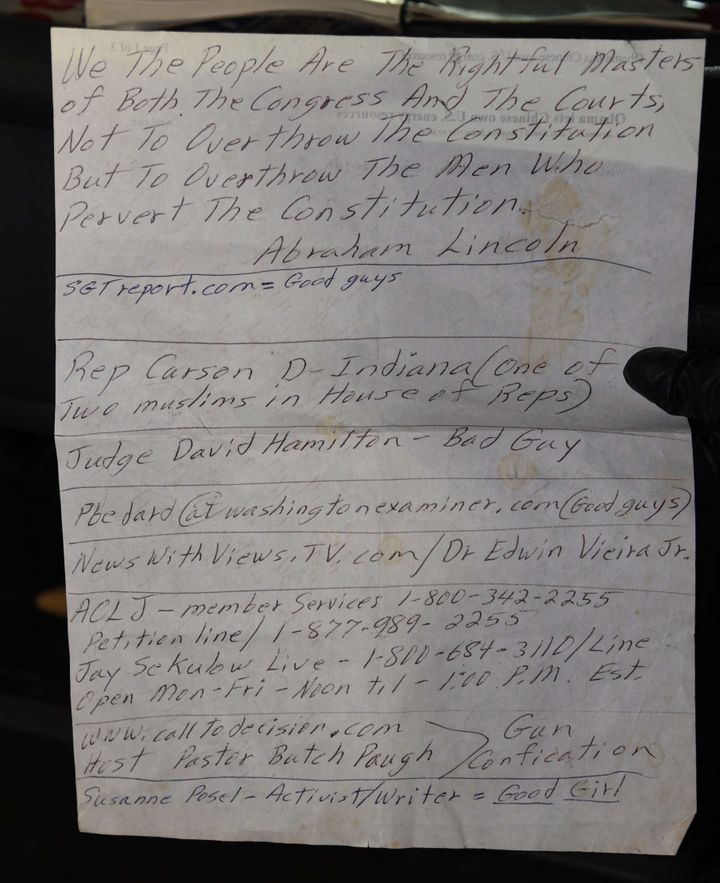 A note the U.S. attorney's office said was taken from Lonnie Coffman's truck.