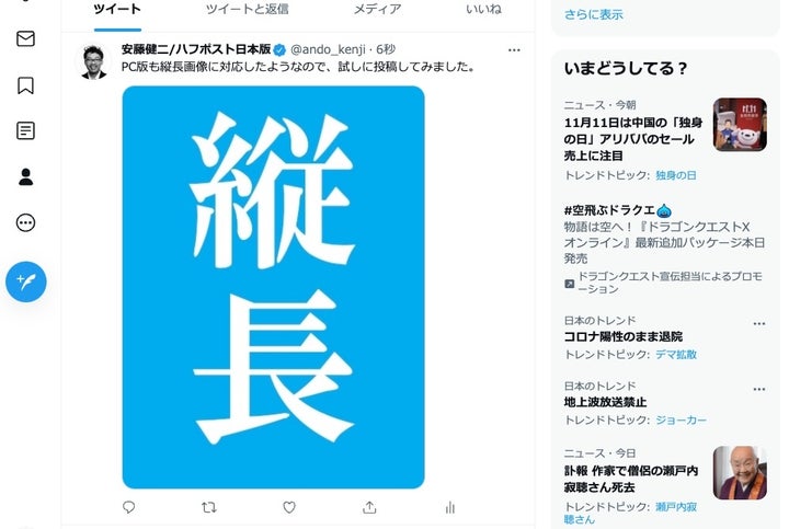 試しに筆者のアカウントで、縦長画像を投稿してPC版ブラウザで表示したところ