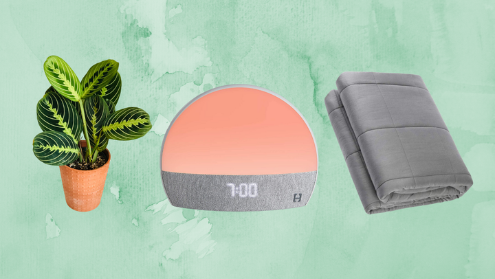 From left to right: a low-maintenance plant, a sunset alarm clock and a weighted blanket.