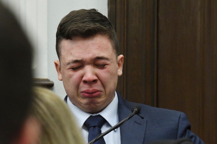 Kyle Rittenhouse breaks down on the stand as he testifies during his murder trial in Kenosha, Wisconsin, on Nov. 10.