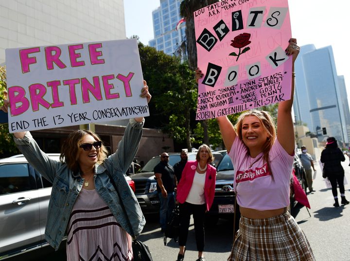 #FreeBritney activists protest during a rally held in conjunction with a hearing on the future of Britney Spears' conservatorship at the Stanley Mosk Courthouse on Sept. 29, 2021, in Los Angeles, California. 
