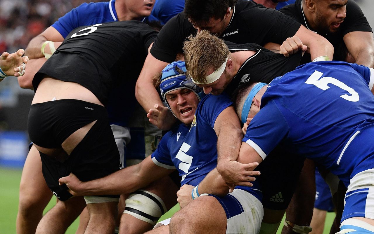 Italy's hooker Gianmarco Lucchesi takes part in a ruck during the autumn international rugby union test match between Italy and New Zealand at Stadio Olimpico in Rome, on Nov. 6.