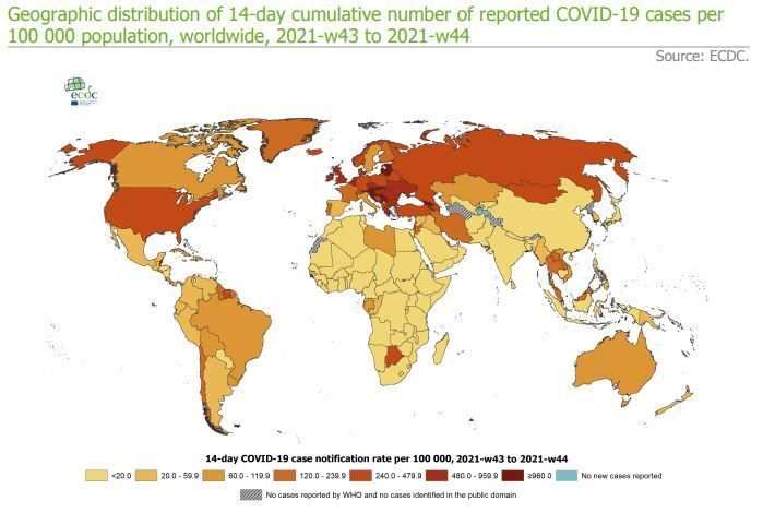 Γεωγραφική κατανομή 14 ημερών αθροιστικού αριθμού αναφερόμενων κρουσμάτων COVID-19 πληθυσμού ανά 100.000 (7-13/11)