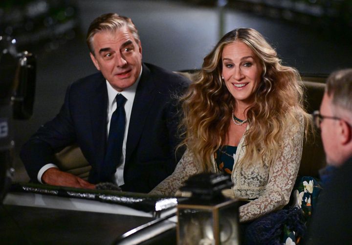 Chris Noth and Sarah Jessica Parker on the set of "And Just Like That..." on Nov. 7, 2021, in New York City.