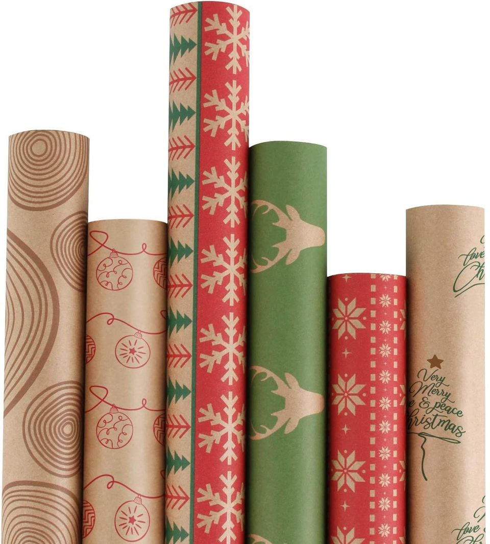Six rolls of recyclable and biodegradable Kraft paper gift wrap