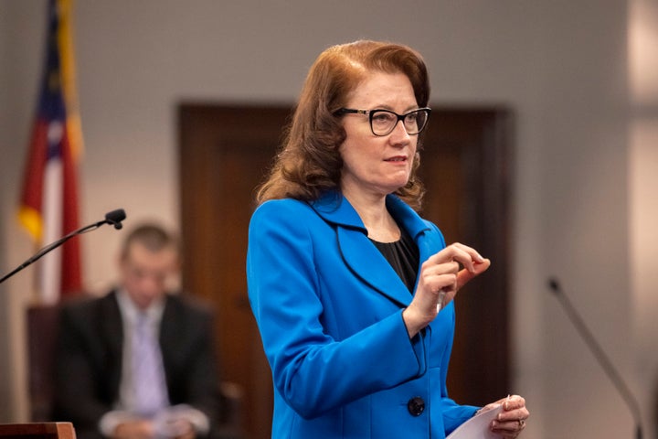 Prosecutor Linda Dunikoski argues a point during the trial of Greg McMichael and his son, Travis McMichael, and a neighbor, William "Roddie" Bryan on Tuesday. The three men are charged with the February 2020 slaying of Ahmaud Arbery in Georgia.