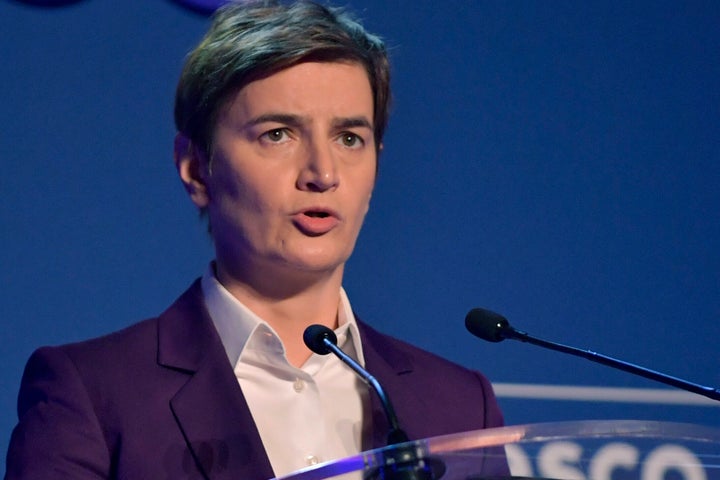 Serbia's Prime Minister Ana Brnabic gives a speech during the 75th anniversary celebrations of The United Nations Educational, Scientific and Cultural Organization (UNESCO) at UNESCO headquarters in Paris on November 12, 2021. (Photo by JULIEN DE ROSA / POOL / AFP) (Photo by JULIEN DE ROSA/POOL/AFP via Getty Images)