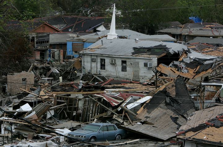 A church remains standing amidst destroyed houses in the Lower Ninth Ward Sept. 16, 2005, in New Orleans, Louisiana.