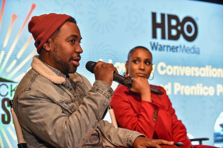 Writer/producer Prentice Penny and actor/producer Issa Rae speak on a panel during the Sundance Film Festival on Jan. 25, 2020, at the Blackhouse in Park City, Utah.