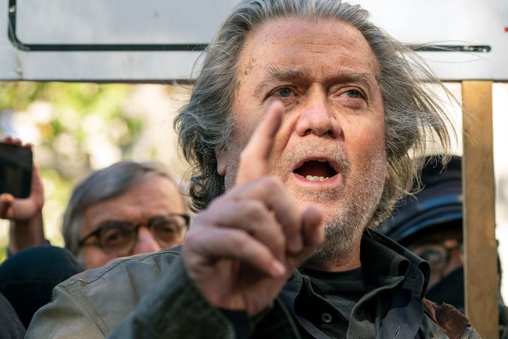 Former White House strategist Steve Bannon speaks to reporters Monday after leaving federal court in Washington. 
