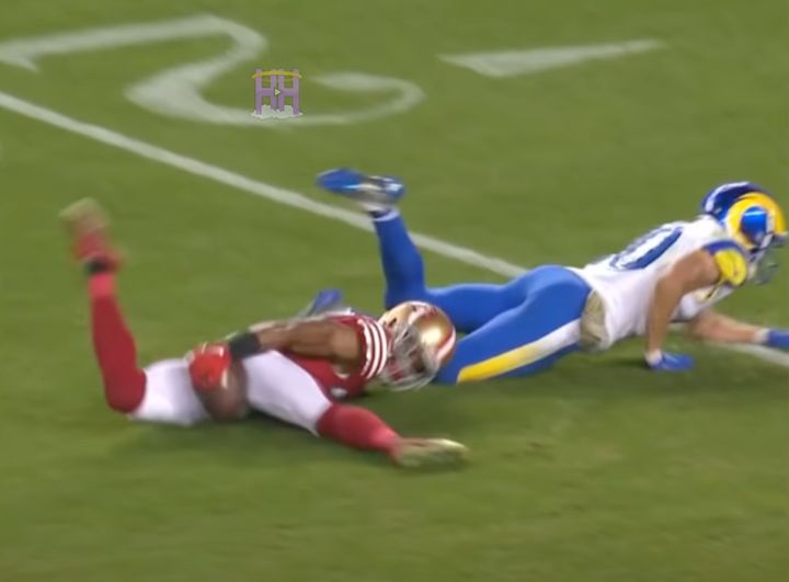 San Francisco 49ers cornerback K'Waun Williams used his rear end to make an interception during Monday night's game against the Los Angeles Rams -- though the catch ultimately didn't count.