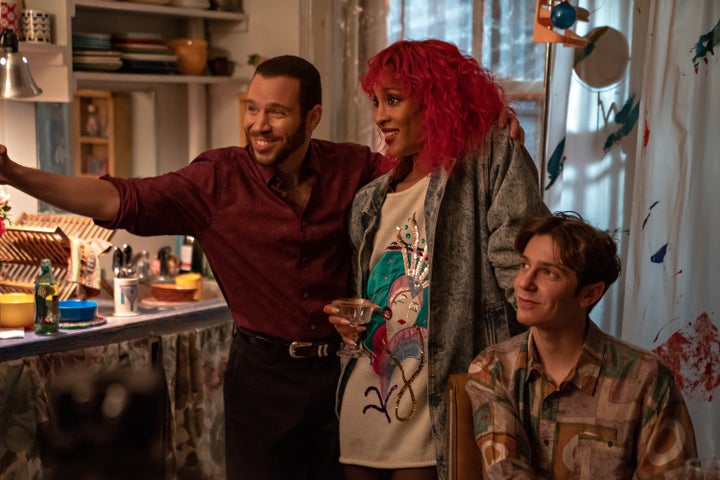 Playwright Jonathan Larson "provided a comfortable life for a lot of people of color," said de Jesús (left, with actors MJ Rodriguez and Ben Levi Ross). "He gave jobs to diverse folks."